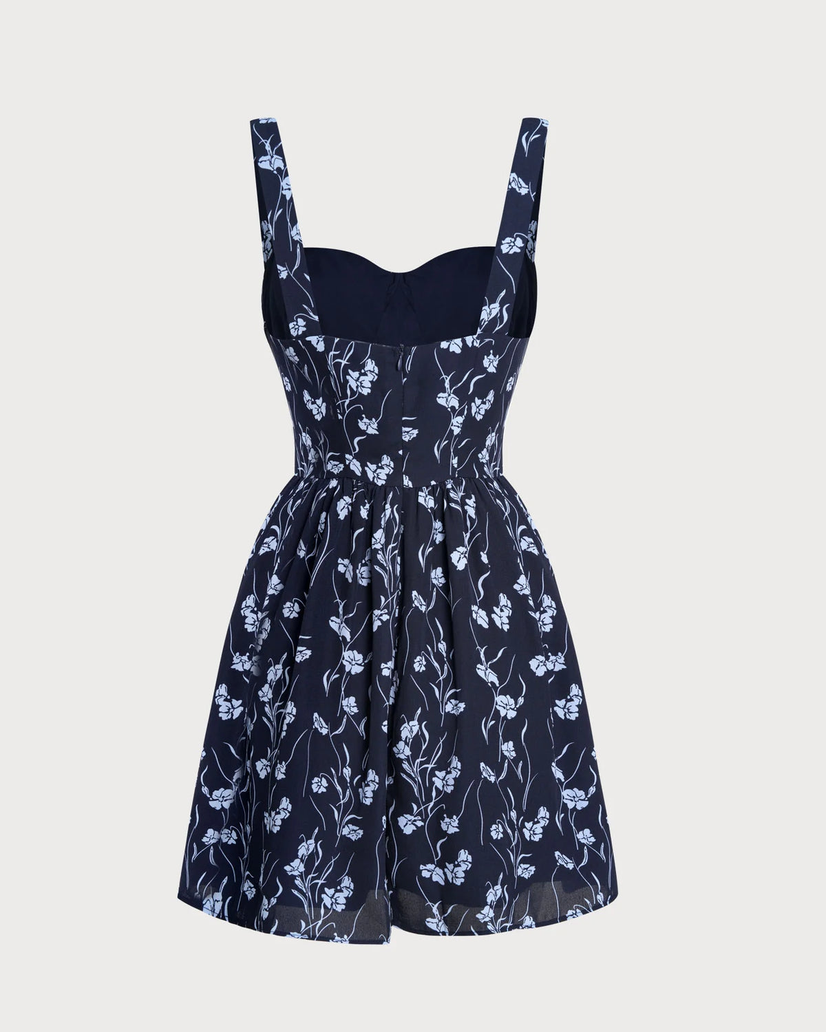 Dark Navy with Light Blue Floral Print Chiffon A-Line Above Knee Dress - Aabei Dress