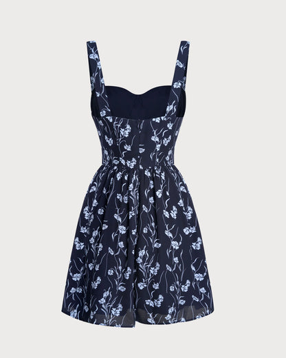 Dark Navy with Light Blue Floral Print Chiffon A-Line Above Knee Dress - Aabei Dress