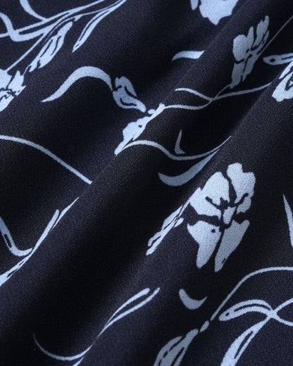 Dark Navy with Light Blue Floral Print Chiffon A-Line Above Knee Dress - Aabei Dress