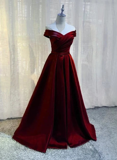 Burgundy Off The Shoulder Satin Prom Dress Ruched Bodice A Line Skirt