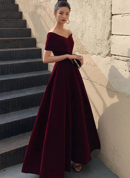Burgundy Off Shoulder Velvet A Line Formal Evening Dress
