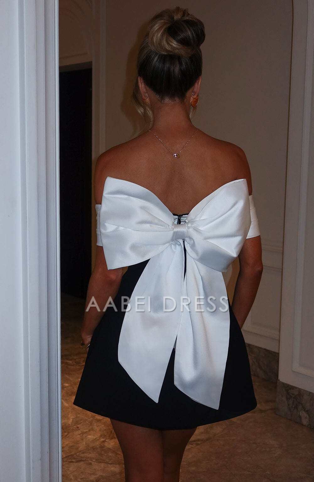 AABEI DRESS Hot Sale Homecoming Dress Elegant A Line Black White Off Shoulder Bow Back Mini Dress Cute Short Prom Dresse
