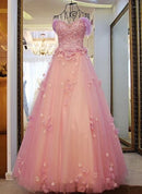 Pink Off The Shoulder 3D Floral Tulle Ball Gown With Beaded Bodice