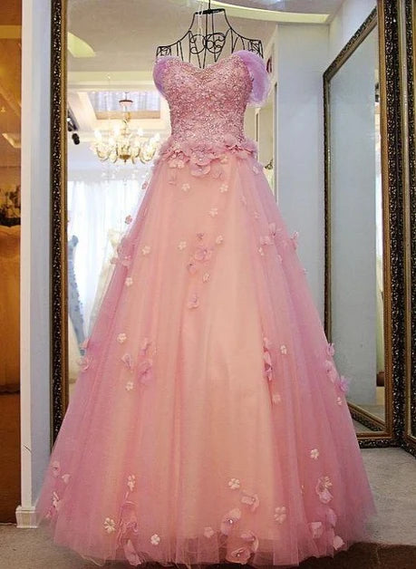 Pink Off The Shoulder 3D Floral Tulle Ball Gown With Beaded Bodice