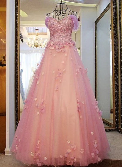 Pink Off The Shoulder 3D Floral Tulle Ball Gown With Beaded Bodice