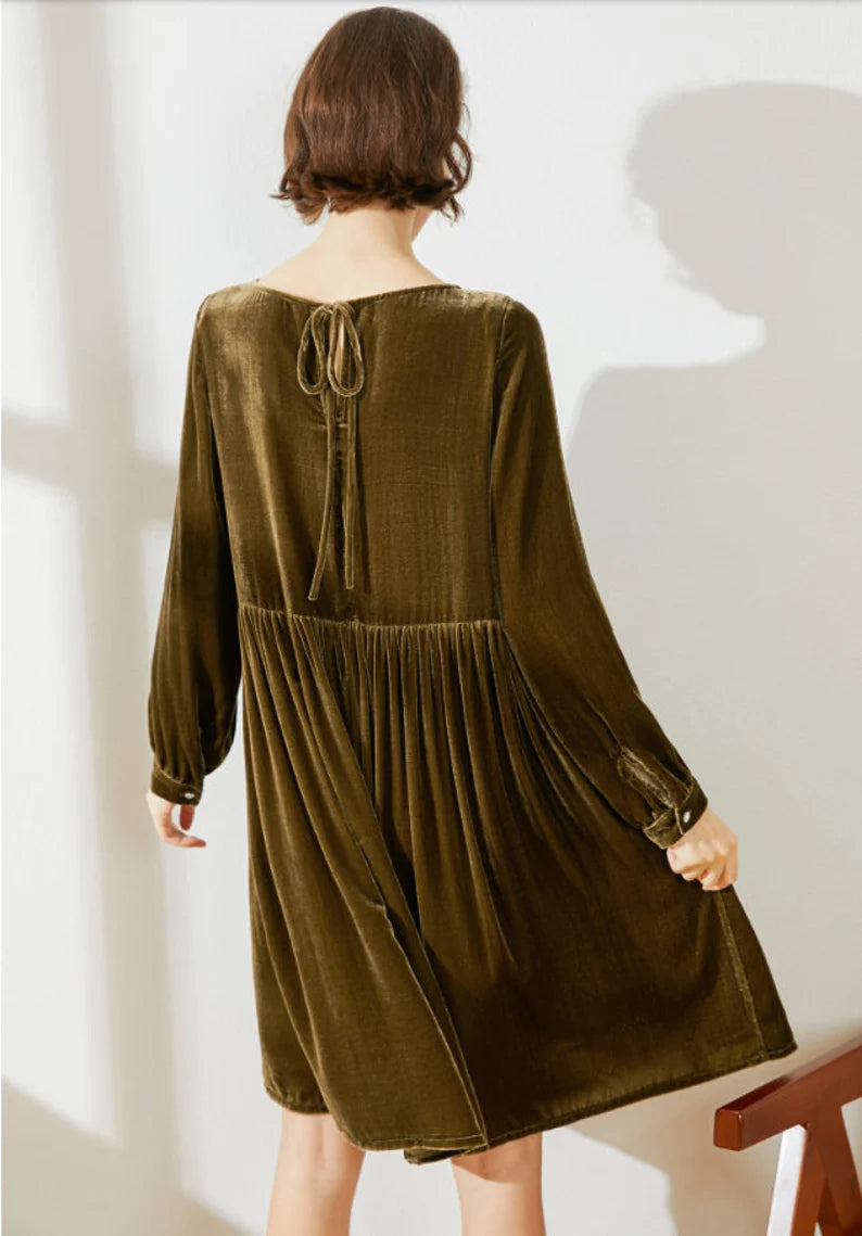 Evening  Dress Velvet Dress for Women Long Sleeves Dress knee length Dress Loose Dress Custom Hand Made Dress Velvet Pleated Dress Plus Size Formal Dresses Wedding Guest Dress