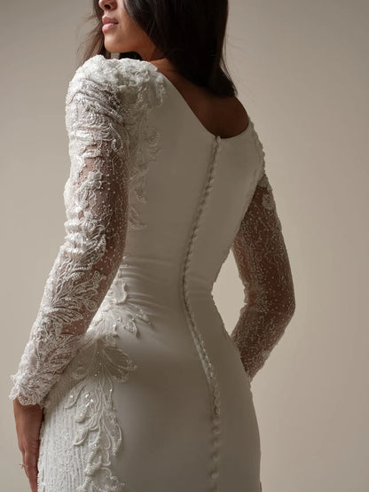 Wedding Dress Scoop Neck Long Sleeves Mermaid Beaded Crepe Floral Lace Sparkle Tulle Bridal Gown Formal Wear Dresses