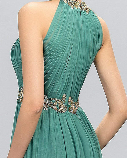 A-Line Minimalist Sparkle Wedding Guest Formal Evening Dress Halter Neck Sleeveless Floor Length Chiffon with Pleats Crystals