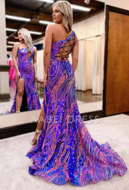 AABEI DRESS Prom Dress Mermaid One Shoulder Sequins Long with Slit Sweep Train Dress