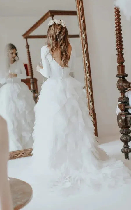 A-Line/Princess Tulle Ruffles Scoop Long Sleeves Sweep/Brush Train Wedding Dresses