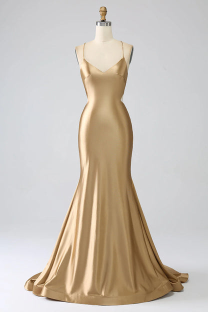 Prom Dress Mermaid Cultivate oneself Spaghetti Straps Backless Satin Long with Lace-up Back Elegant Simple Formal Wear Dresses
