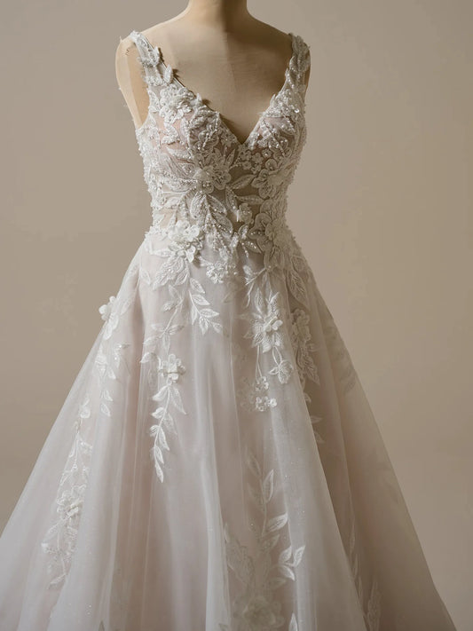 Wedding Dress A-Line V-Neck Sleeveless Tank Straps 3-D Flora Beaded Backless Bridal Gown Formal Wear Dress