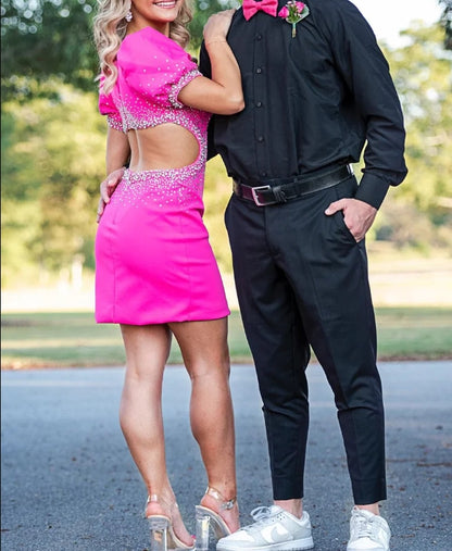 AABEI DRESS New Homecoming Dress Sparkle Round Neck Short Sleeves Empire Beaded Show waist Satin Fitted Side Fork Fashion Short Prom Dresse