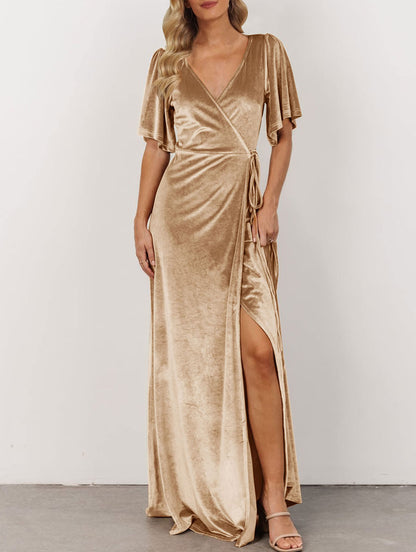 Evening Dress Women's V Neck Wrap Velvet Maxi Dress Slim Wrap Tie Waist Formal Wear Dresses Wedding Guest Dress