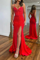 AABEI DRESS Gorgeous Mermaid Spaghetti Straps Side Fork Long Charming Sequin Prom Dress