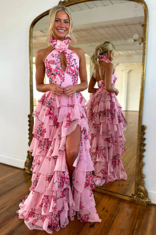 AABEI DRESS Prom Dress Cute Sheath Halter Floral Printed Chiffon Tiered with Slit Formal Dress