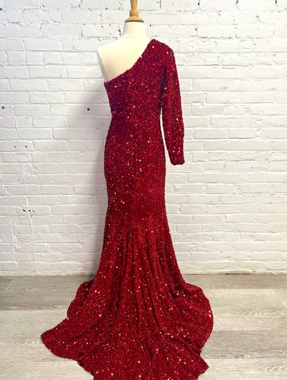 Evening Dress One Sleeve Velvet Sequins High Leg Slit Mermaid Cultivate Oneself Formal Wear Dresses