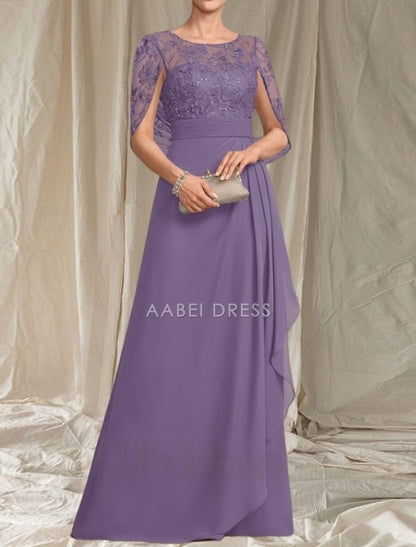 AABEI DRESS Wedding Guest Dress Elegant A-Line Crew Neck Lace Short Sleeve Ruching Floor Length Fashion Mother of the Bride Dress