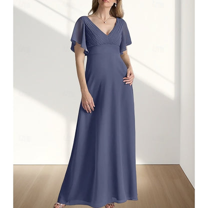 AABEI DRESS Wedding Guest Dress Elegant A-Line V Neck Floor Length Chiffon Short Sleeve with Ruching Simple Mother of the Bride Dress