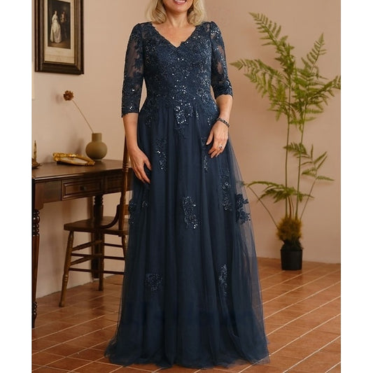 AABEI DRESS Wedding Guest Dress Elegant A-Line V Neck 3/4 Length Sleeve Floor Length Lace Applique Tulle Sparkle Mother of the Bride Dress