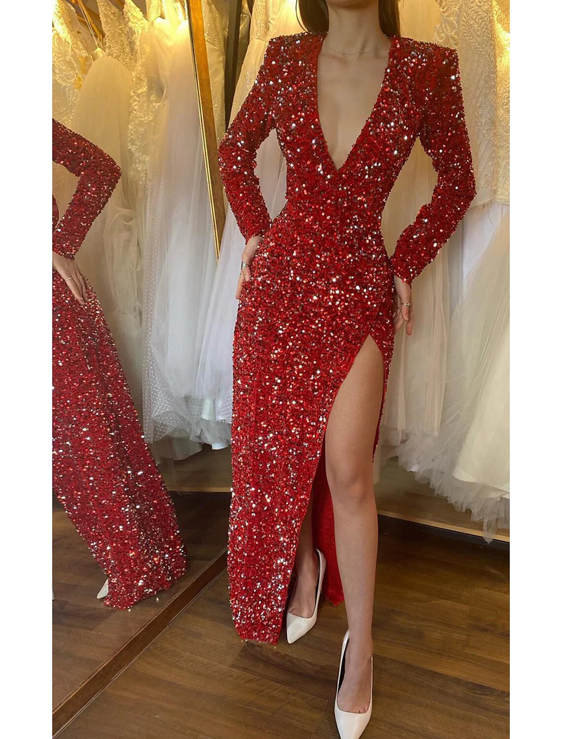 Mermaid / Trumpet Evening Gown Sparkle Dress Formal Christmas Floor Length Long Sleeve V Neck Sequined with Ruched Sequin Slit