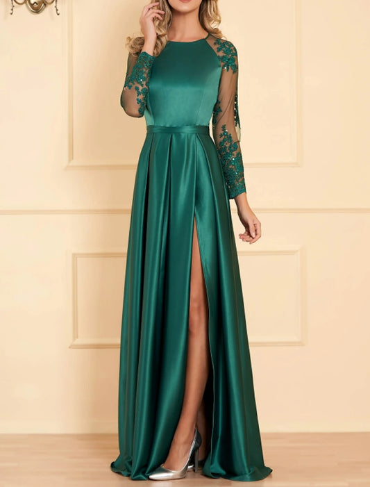 A-Line Evening Gown Empire Dress Christmas Wedding Guest Floor Length Long Sleeve Jewel Neck Satin with Appliques Split Front Mother of the Bride Dresses