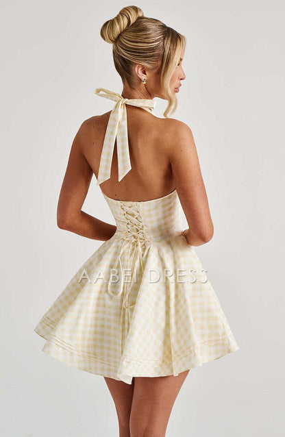 AABEI DRESS Hot Sale Homecoming Dress Retro Halter Straps Plunge Neckline Backless Grid Mini Dress Cute Short Prom Dresse
