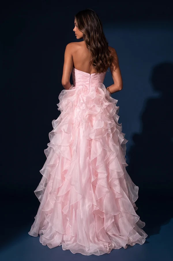 Pink Strapless Ruffled Organza Slit A-Line Gown