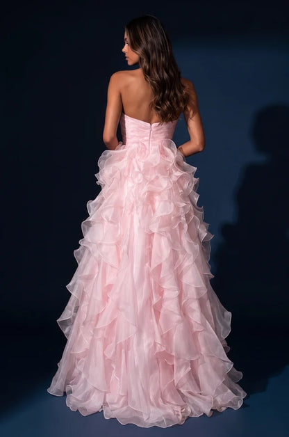 Pink Strapless Ruffled Organza Slit A-Line Gown