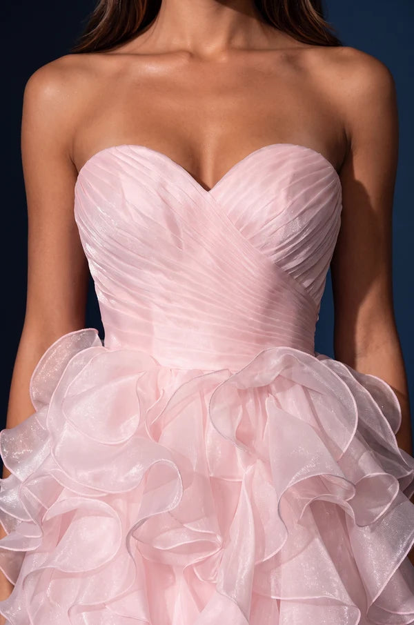 Pink Strapless Ruffled Organza Slit A-Line Gown