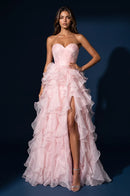 Pink Strapless Ruffled Organza Slit A-Line Gown