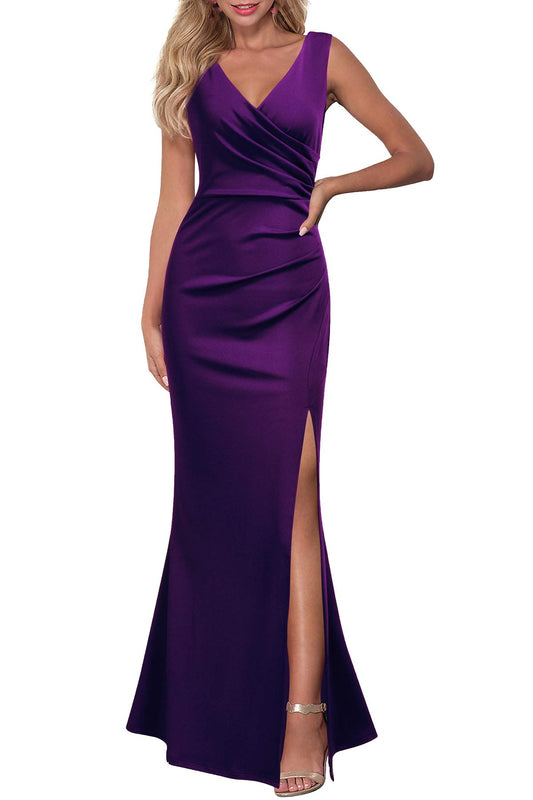 Prom Dress V Neck Sleeveless Pleated Side Fork Evening Cocktail Long Dress Wedding Guest Dresses Formal Wear Dresses