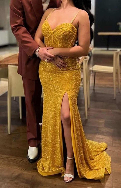 Prom Dress V Neck Spaghetti Strap Mermaid Sequin High Slit Evening Gowns Ball Gown Long Formal Wear Dresses
