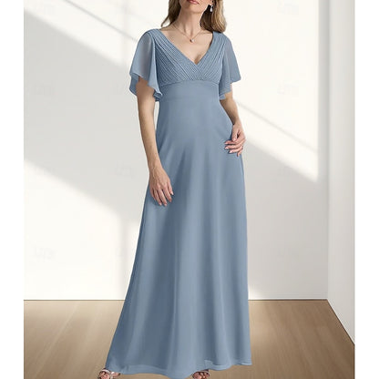 AABEI DRESS Wedding Guest Dress Elegant A-Line V Neck Floor Length Chiffon Short Sleeve with Ruching Simple Mother of the Bride Dress