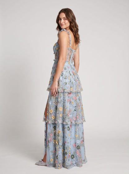 Dusty Blue Embroidered Mesh A-Line Sweetheart Zipper Back Floor Length Dress Back View - Aabei Dress