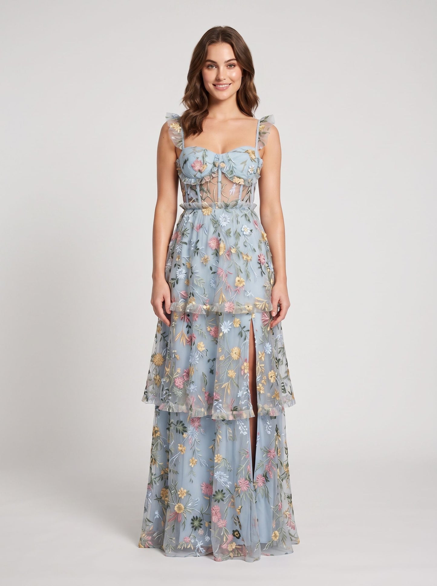 Dusty Blue Embroidered Mesh A-Line Sweetheart Zipper Back Floor Length Dress Front View - Aabei Dress