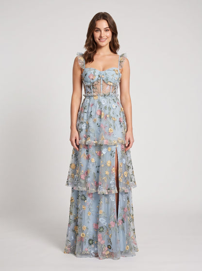 Dusty Blue Embroidered Mesh A-Line Sweetheart Zipper Back Floor Length Dress Front View - Aabei Dress