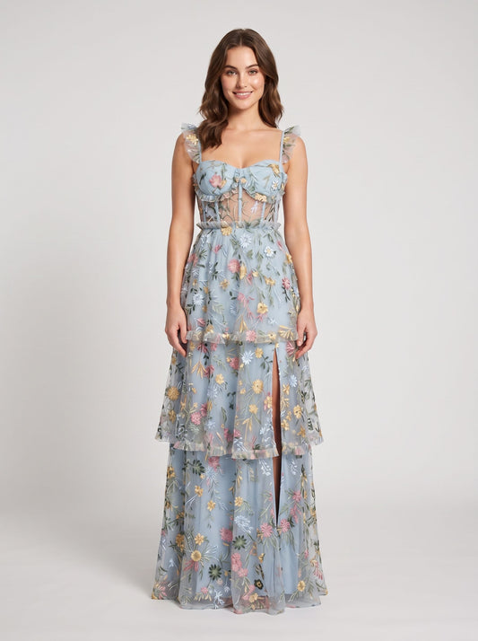 Dusty Blue Embroidered Mesh A-Line Sweetheart Zipper Back Floor Length Dress Front View - Aabei Dress