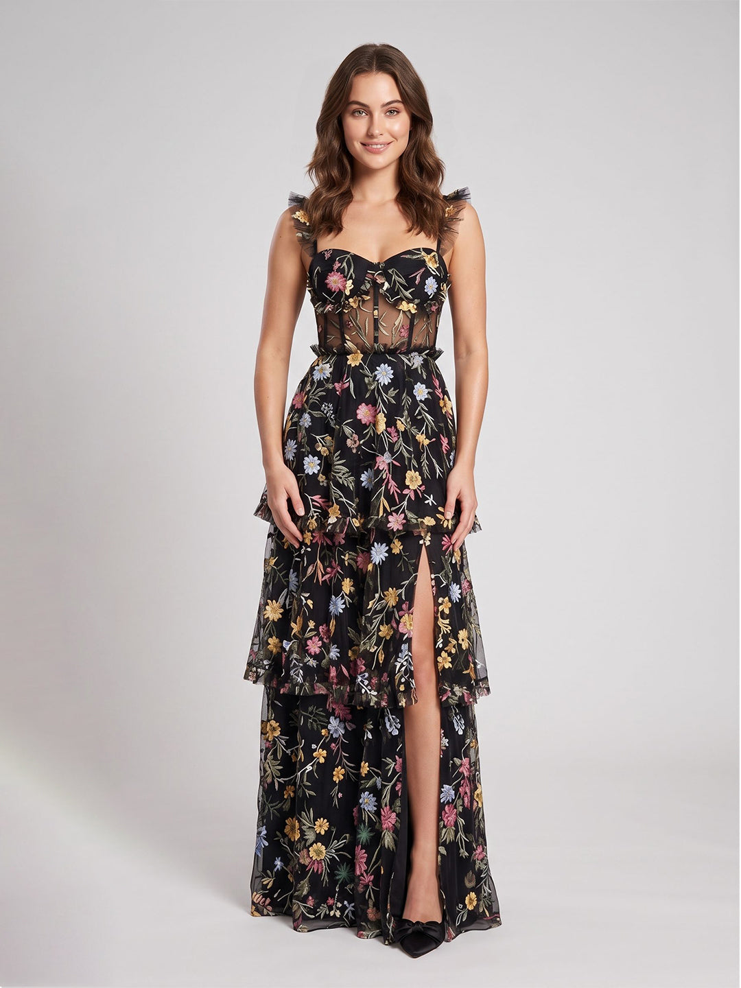 Dusty Blue Embroidered Mesh A-Line Sweetheart Zipper Back Floor Length Dress - Aabei Dress