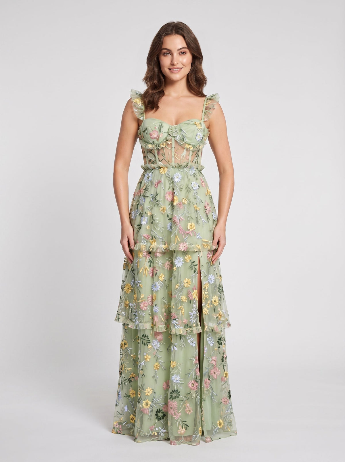 Dusty Blue Embroidered Mesh A-Line Sweetheart Zipper Back Floor Length Dress - Aabei Dress