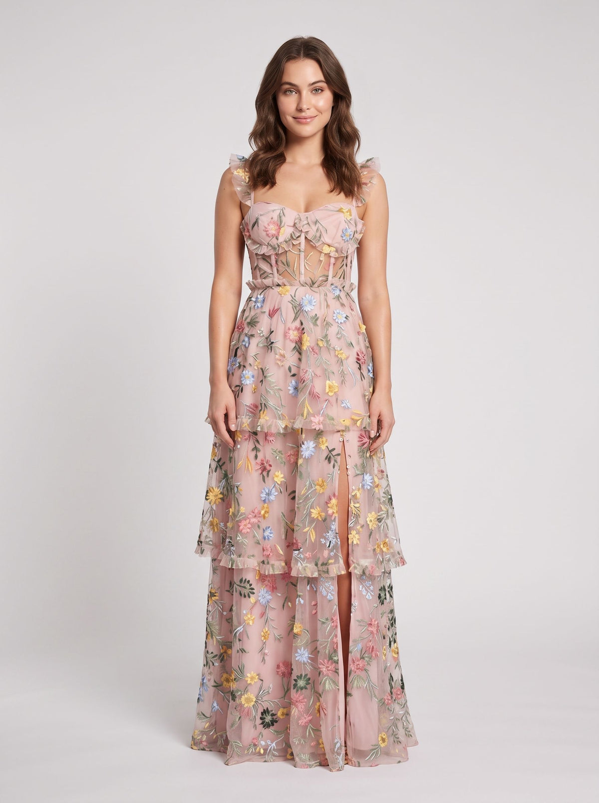 Dusty Blue Embroidered Mesh A-Line Sweetheart Zipper Back Floor Length Dress - Aabei Dress