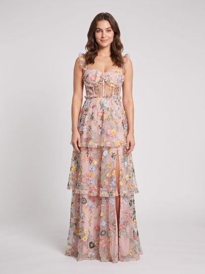 Dusty Blue Embroidered Mesh A-Line Sweetheart Zipper Back Floor Length Dress - Aabei Dress