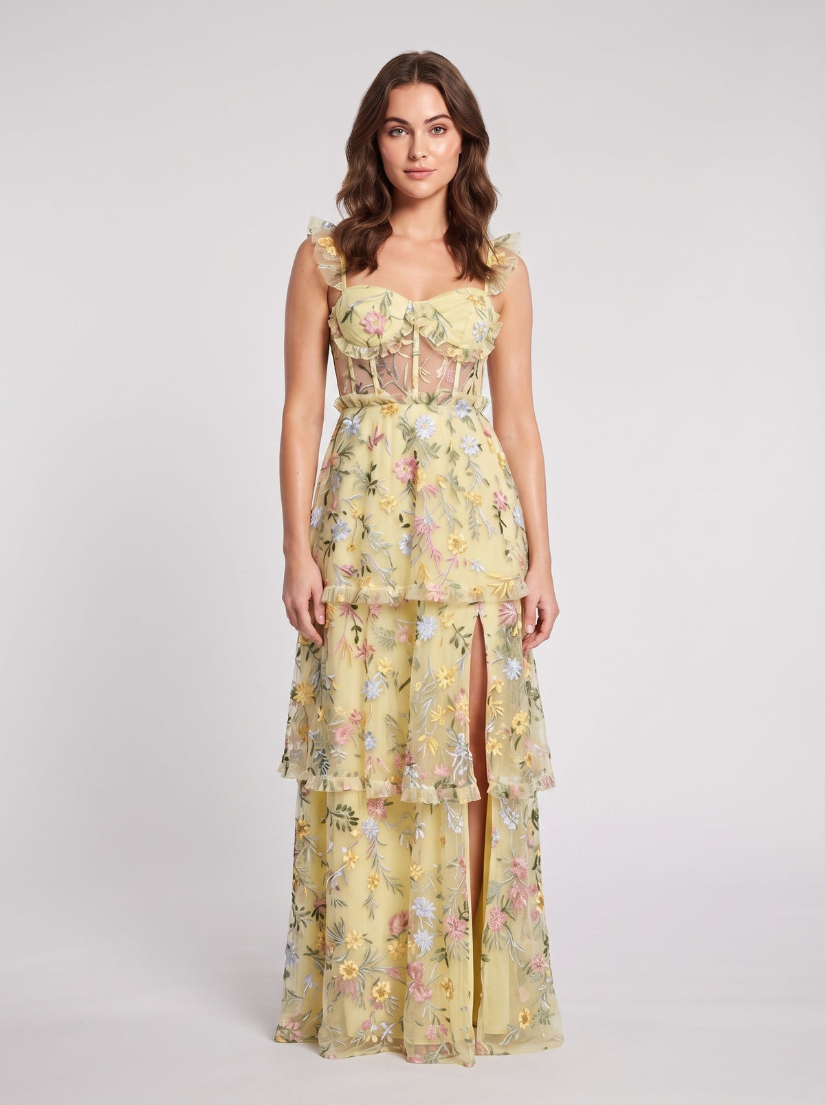 Dusty Blue Embroidered Mesh A-Line Sweetheart Zipper Back Floor Length Dress - Aabei Dress
