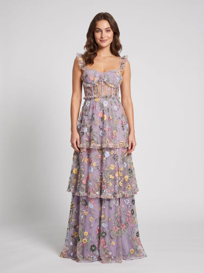 Dusty Blue Embroidered Mesh A-Line Sweetheart Zipper Back Floor Length Dress - Aabei Dress