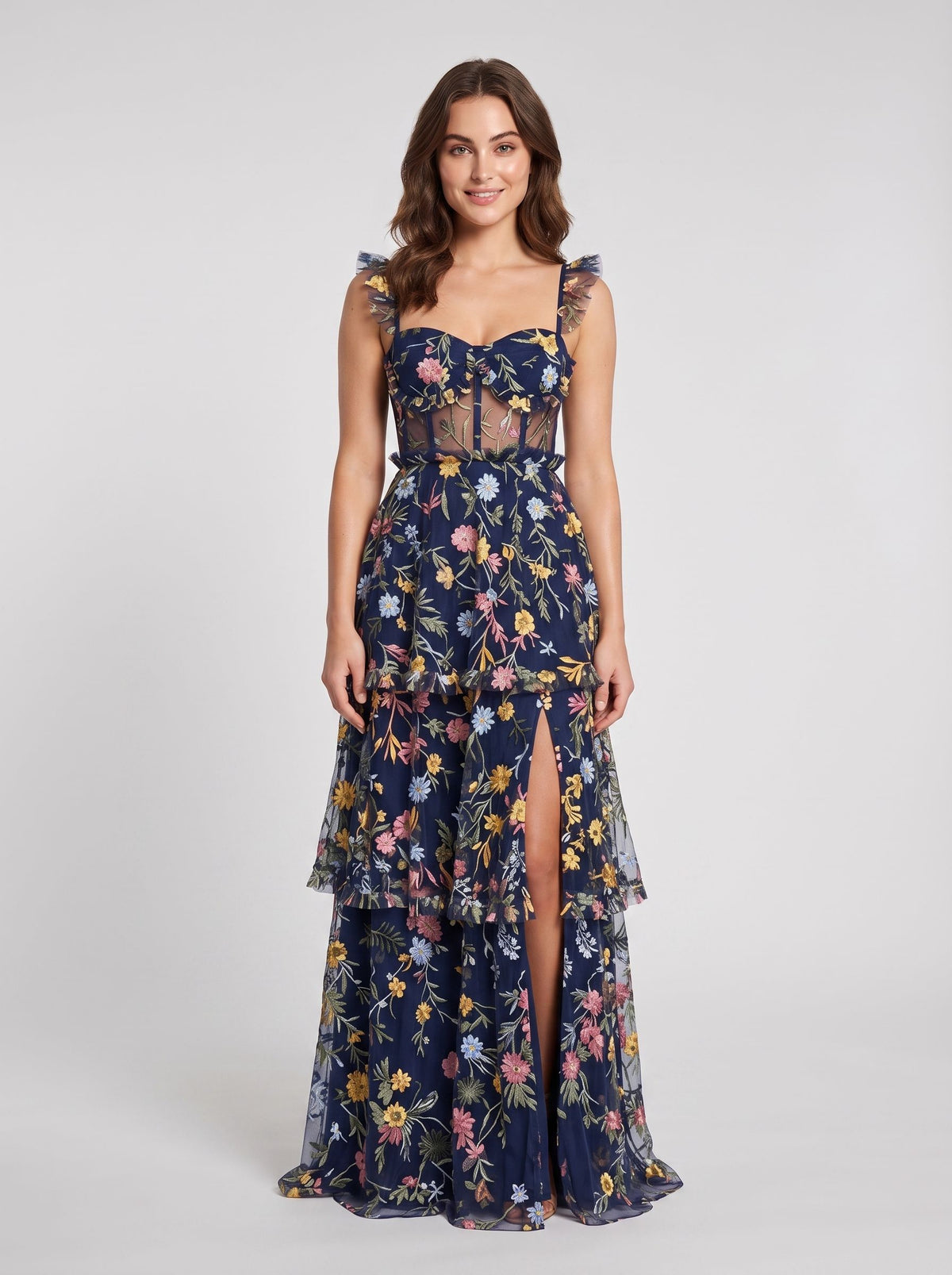 Dusty Blue Embroidered Mesh A-Line Sweetheart Zipper Back Floor Length Dress - Aabei Dress