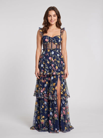 Dusty Blue Embroidered Mesh A-Line Sweetheart Zipper Back Floor Length Dress - Aabei Dress