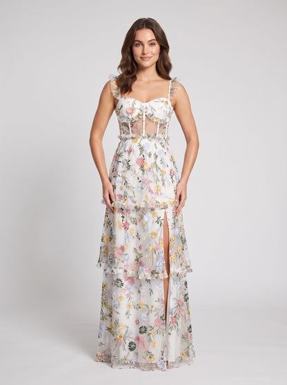 Dusty Blue Embroidered Mesh A-Line Sweetheart Zipper Back Floor Length Dress - Aabei Dress
