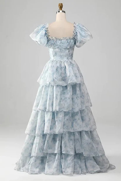 Dusty Blue Floral Organza Tiered Square-Neck Zipper-Back Floor-Length Dress Back View - Aabei Dress