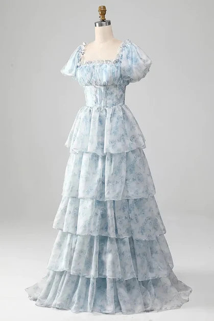 Dusty Blue Floral Organza Tiered Square-Neck Zipper-Back Floor-Length Dress Front View - Aabei Dress