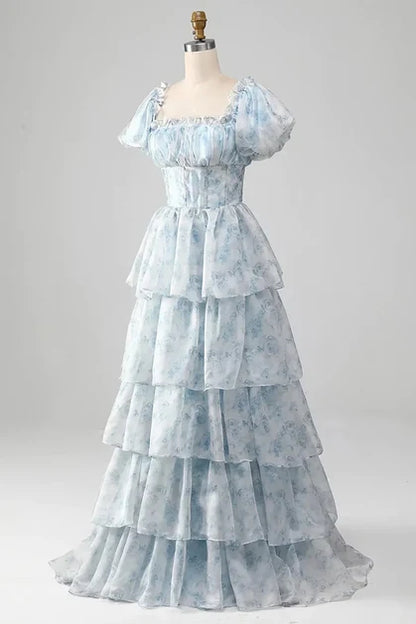 Dusty Blue Floral Organza Tiered Square-Neck Zipper-Back Floor-Length Dress Front View - Aabei Dress